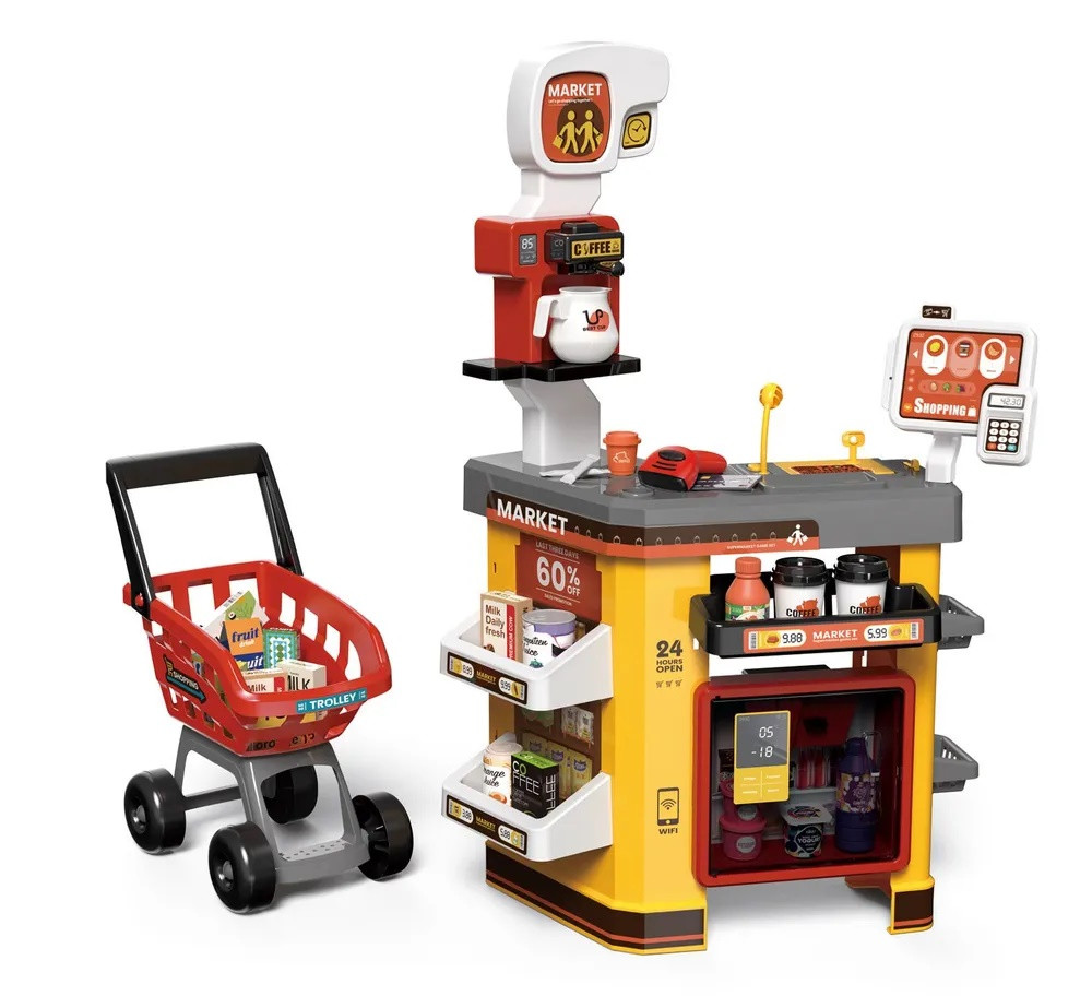 Великий дитячий набір для гри в магазин супермаркет з холодильником візком продуктами та парою Дитячі супермаркети, фото 1
