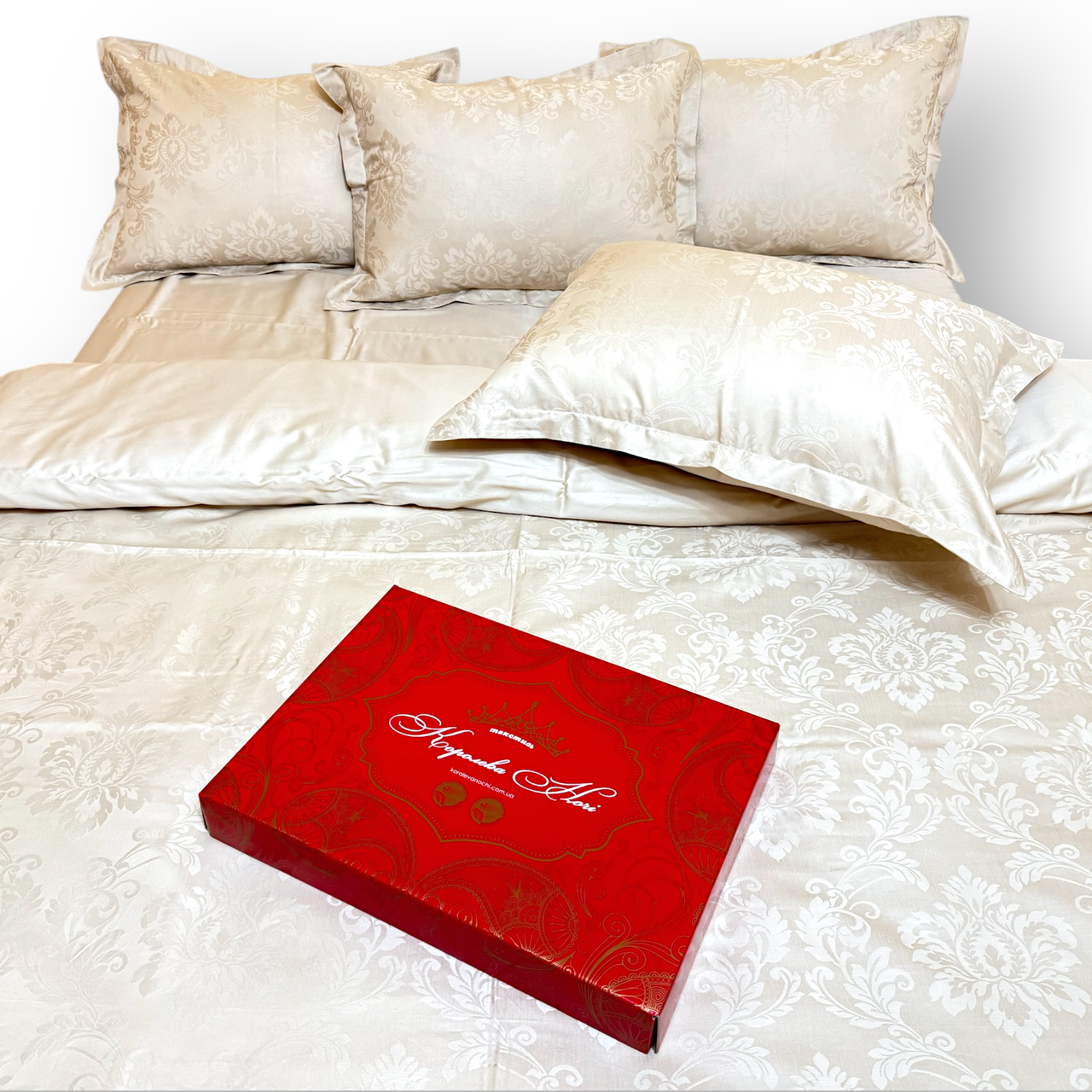 Постільна білизна Королева Ночі (Сатин Жаккард Premium) | Полуторний комплект | 50х70 | Бежевий з жакардовим візерунком, фото 1