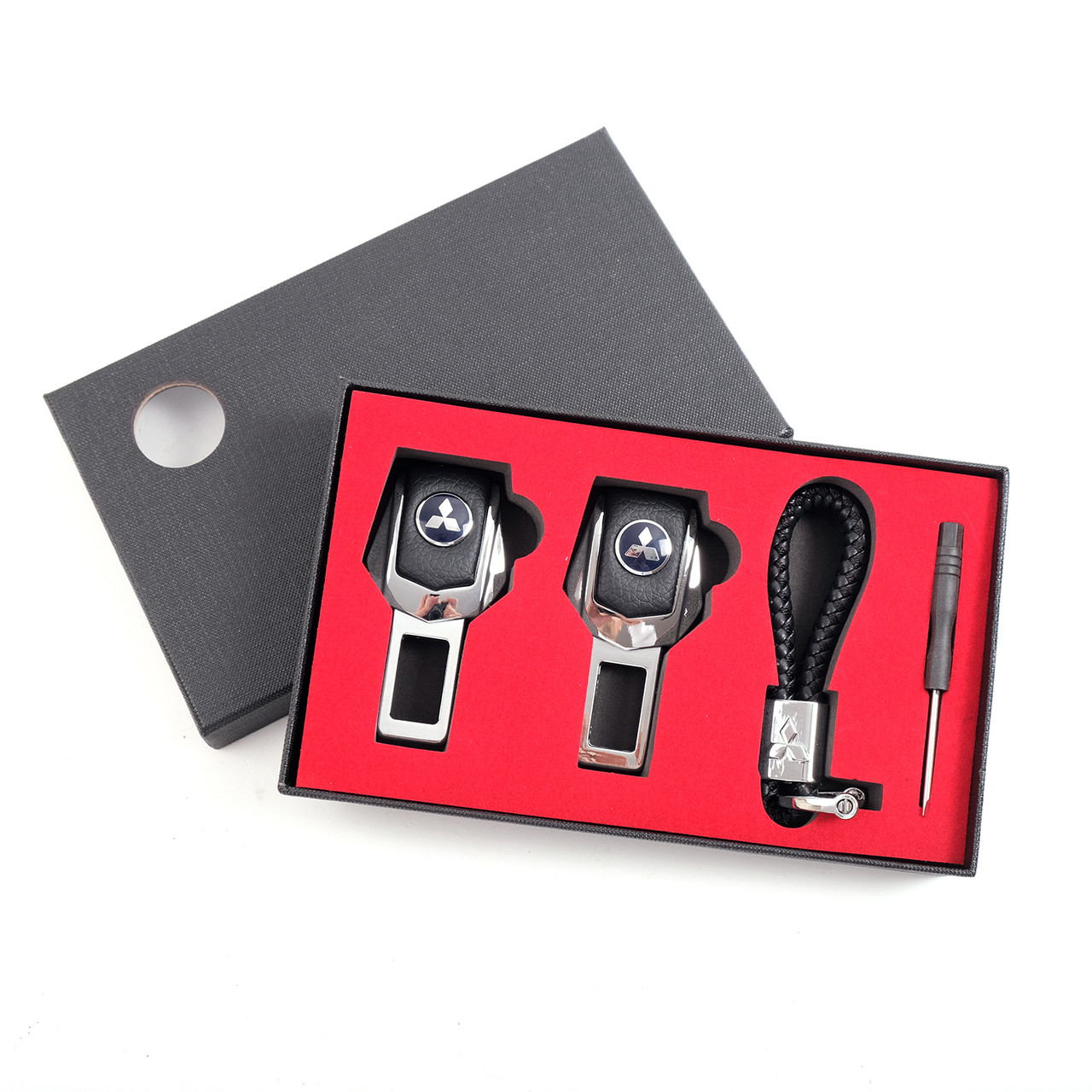 Подарунковий набір MITSUBISHI 2в1 (фіксатор ременів, плетений брелок) №2 хром, фото 1