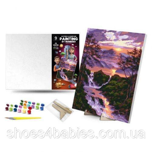 Картина за номерами 40х50 см "Водоспад на світанку" з дерев'яною підставкою