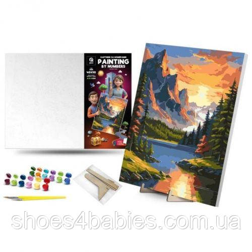 Картина за номерами 40х50 см "Розсвіт у горах" з дерев'яною підставкою