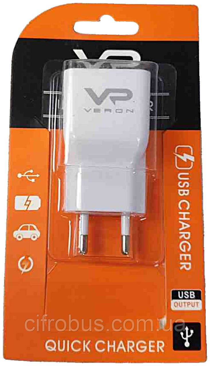 Зарядний пристрій Б/СЗП Veron AD-19 Quick 2.0 Home Charger 1 USB 2 A White, фото 1
