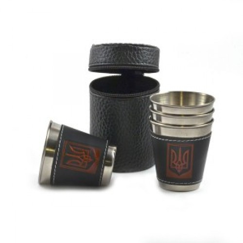 Набір металевих чарок з гербом України чарка 70 мл з нержавіючої сталі в чохлі 4шт, фото 1