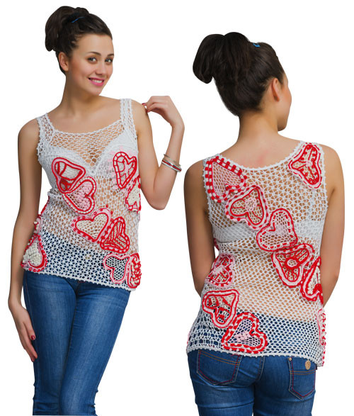 Блуза біло-червона із сполучених сіткою сердець
