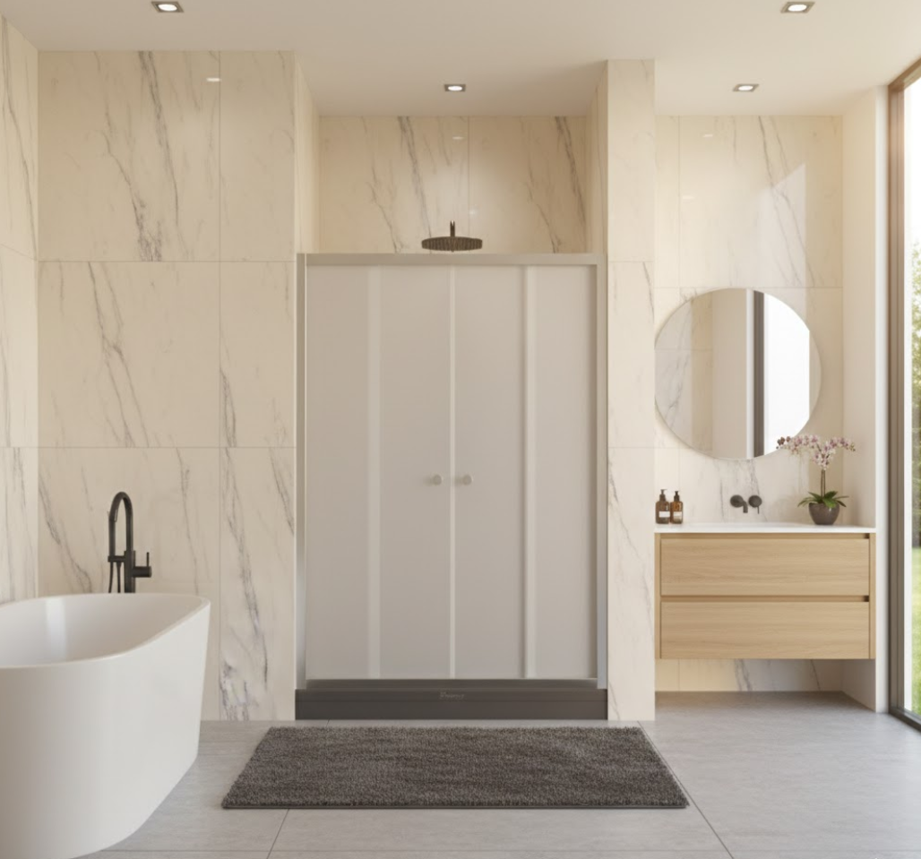 Душові двері 150*180 см чотири секції, скло матове 5 мм, профіль сатин SHOWART TITAN