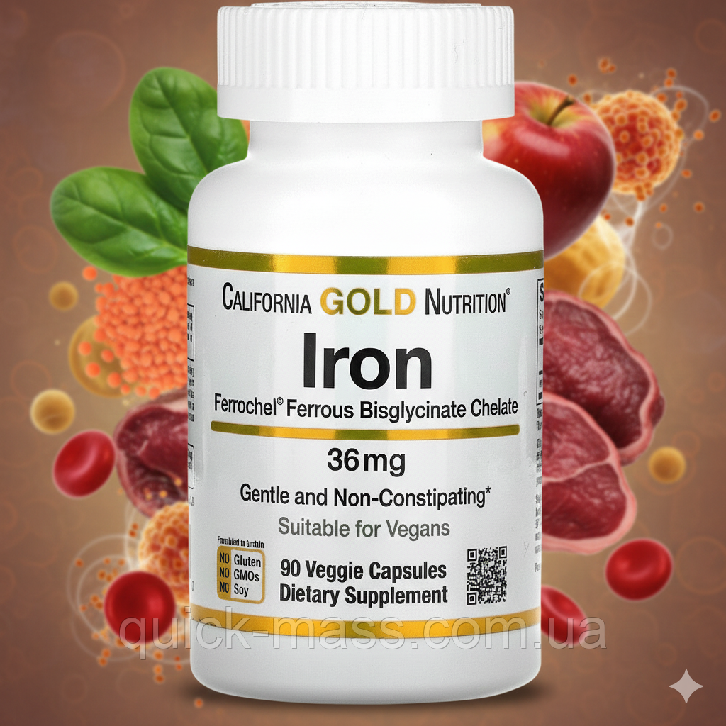 Вітаміни залізо бісгліцинат Сalifornia Gold Nutrition Iron Bisglycinate 36 mg 90 caps, фото 1