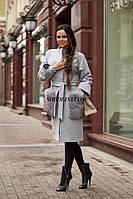 Пальто кашемир+шерсть с меховыми карманами из финского песца, цвет светло-серый, рукав полный