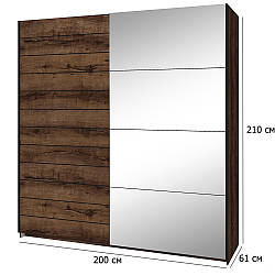 Шафа купе в спальню 2 двері Beta 200 см дуб монастирський та чорний з дзеркалом у стилі лофт