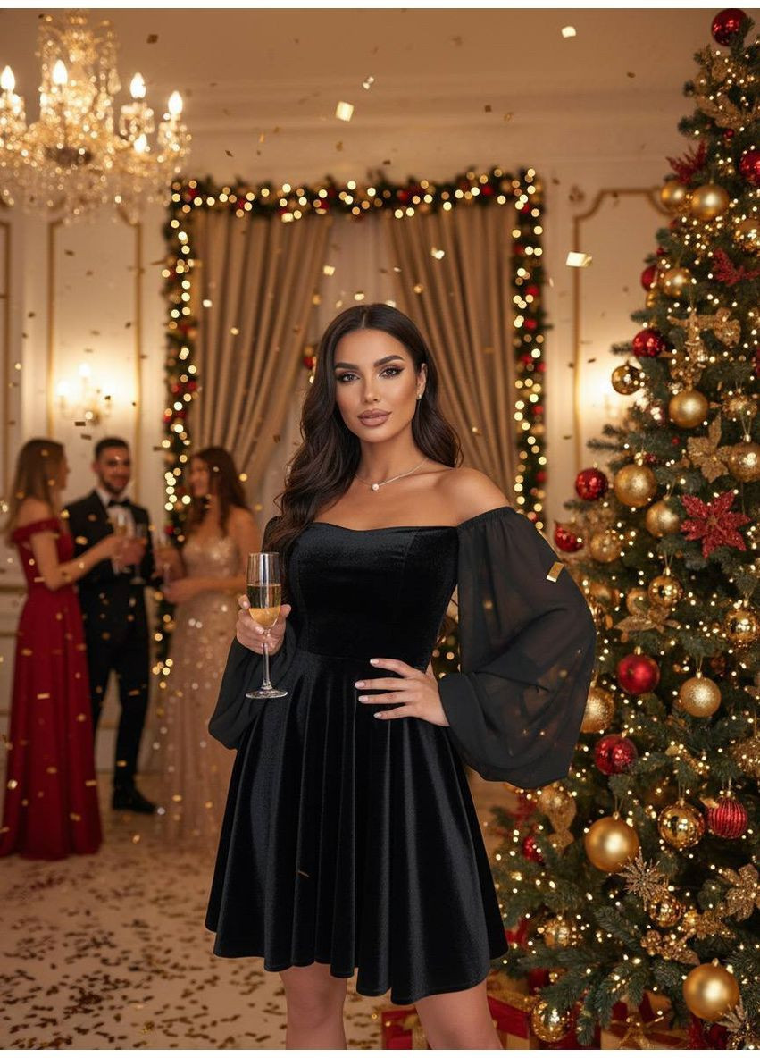 Чорне вечірнє плаття з оксамиту з прозорими рукавами 42-44, 46-48, фото 1