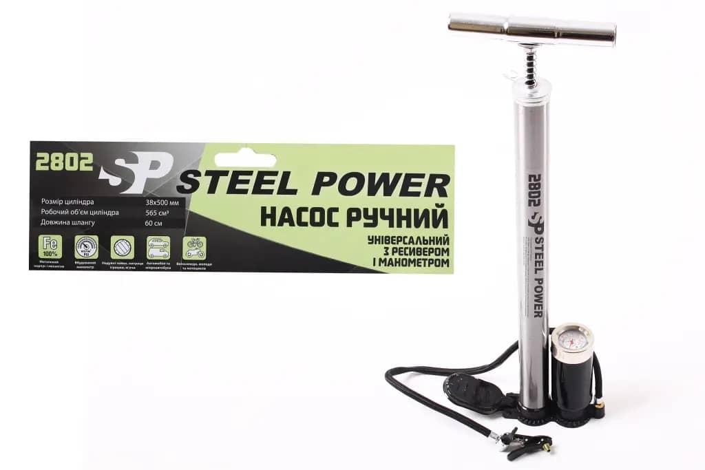 Насос ручний з манометром з металевийручкою "Steel Power" + кліпса, фото 1