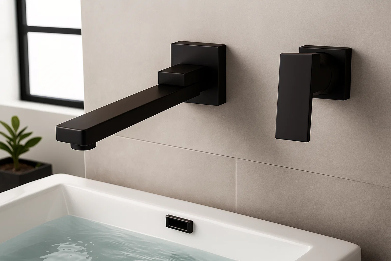 Змішувач для ванної  матовий чорний, настінний, латунний корпус, поворотний вилив 180°, прихований монтаж, фото 1