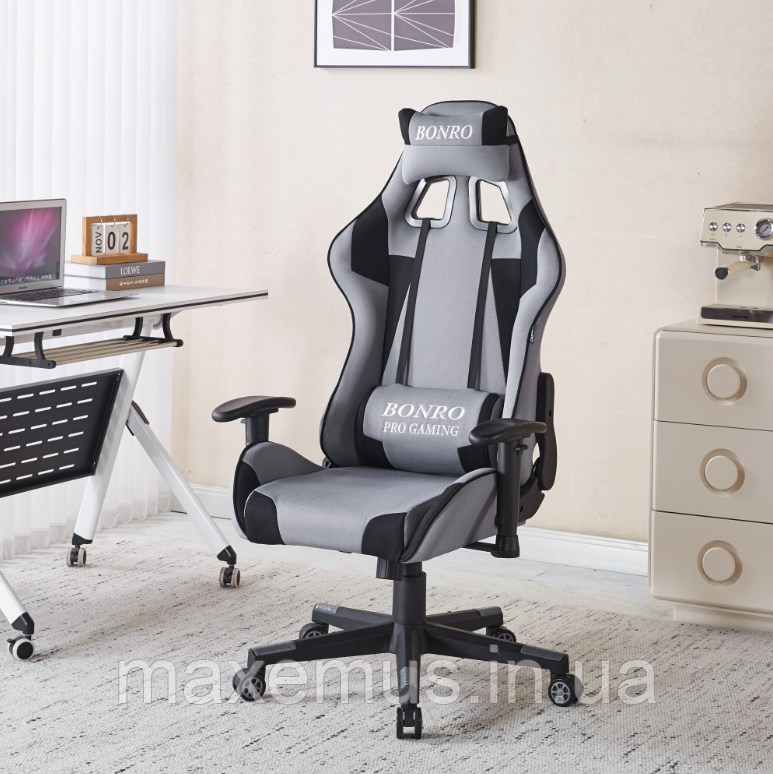 Комп'ютерне крісло для геймера з тканини з регулювання підлокітників крісло геймерське B-142 сіре, фото 1