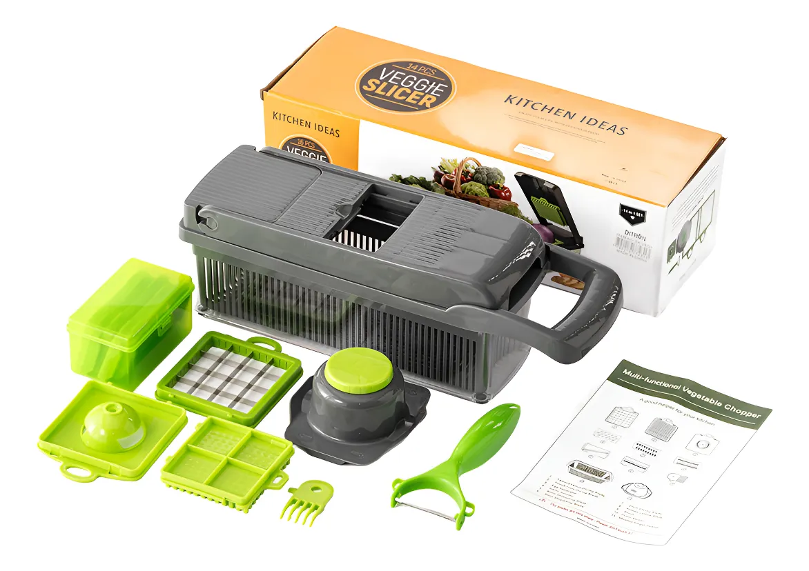 Універсальна овочерізка-слайсер 16 в 1 з контейнером і насадками для нарізки кубиками, соломкою та шинковки, фото 1