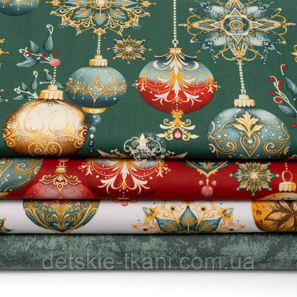 Набір новорічних тканин 40*40 см із 4 штук "Ялинкові іграшки", фото 1