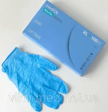 Рукавички нітрилові без пудри, текстурированые Nitrile  MediOk Optima  р.XL , блакитні (уп 50 пар)  щ. 3,2 гр, Mediok, фото 1