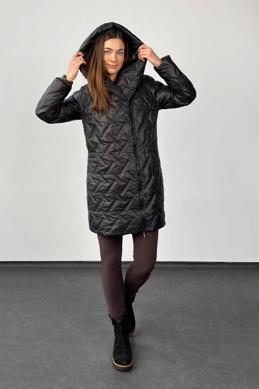 Жіноча подовжена стьобана куртка • Чорна зимова тепла на силіконі • 44-50 розмір, фото 1