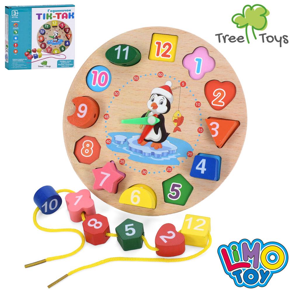 Дерев'яна іграшка Годинник MD 0766 (40шт) 17,5см, рамка-вкладиш, фігури-цифри, шнурівка, 3 види, в кор-ці, 18-17,5-2,5см, фото 1