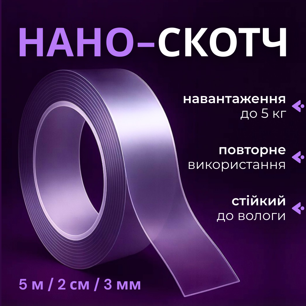 Нано скотч ivy grip tape 3 см, багаторазова клейка стрічка, двостороння клейка лента Hechpro (34181), фото 1