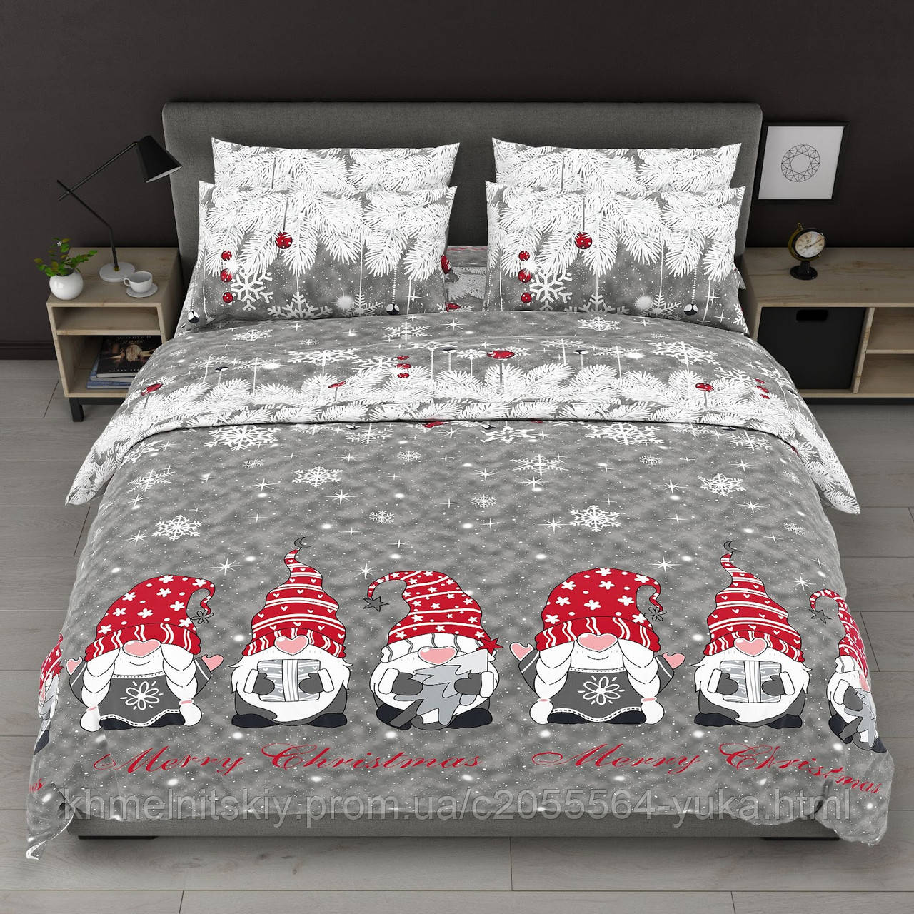 Постільна білизна двоспальна Бязь бавовна Новорічні Гноми, фото 1
