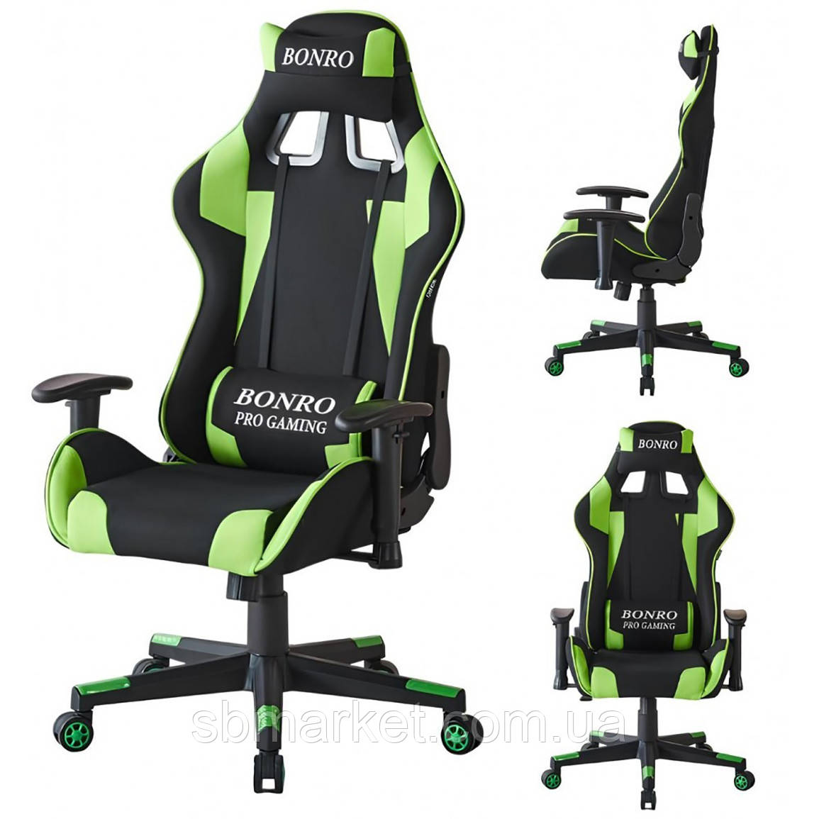 Крісло геймерське / комп'ютерне з тканини Bonro B-142 чорно-зелене + 2 подушки з механізмом гойдання