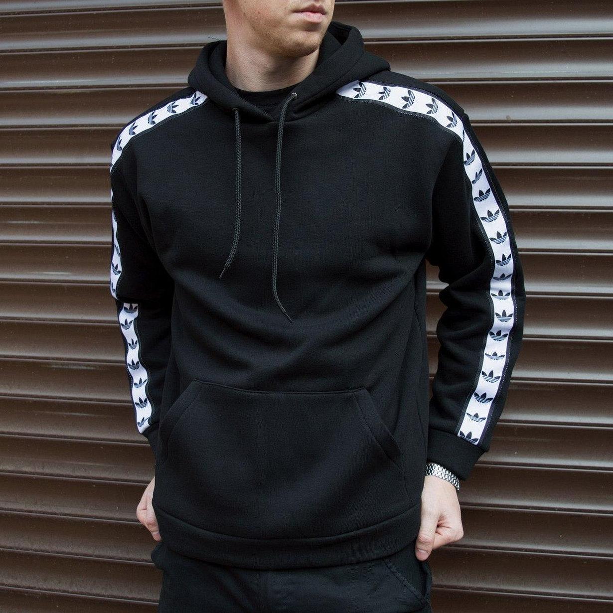 Чоловіче худі Adidas Originals чорне на флісі, Тепла толстовка Адідас Оріждиналс з лампасами осінь-зима, фото 1