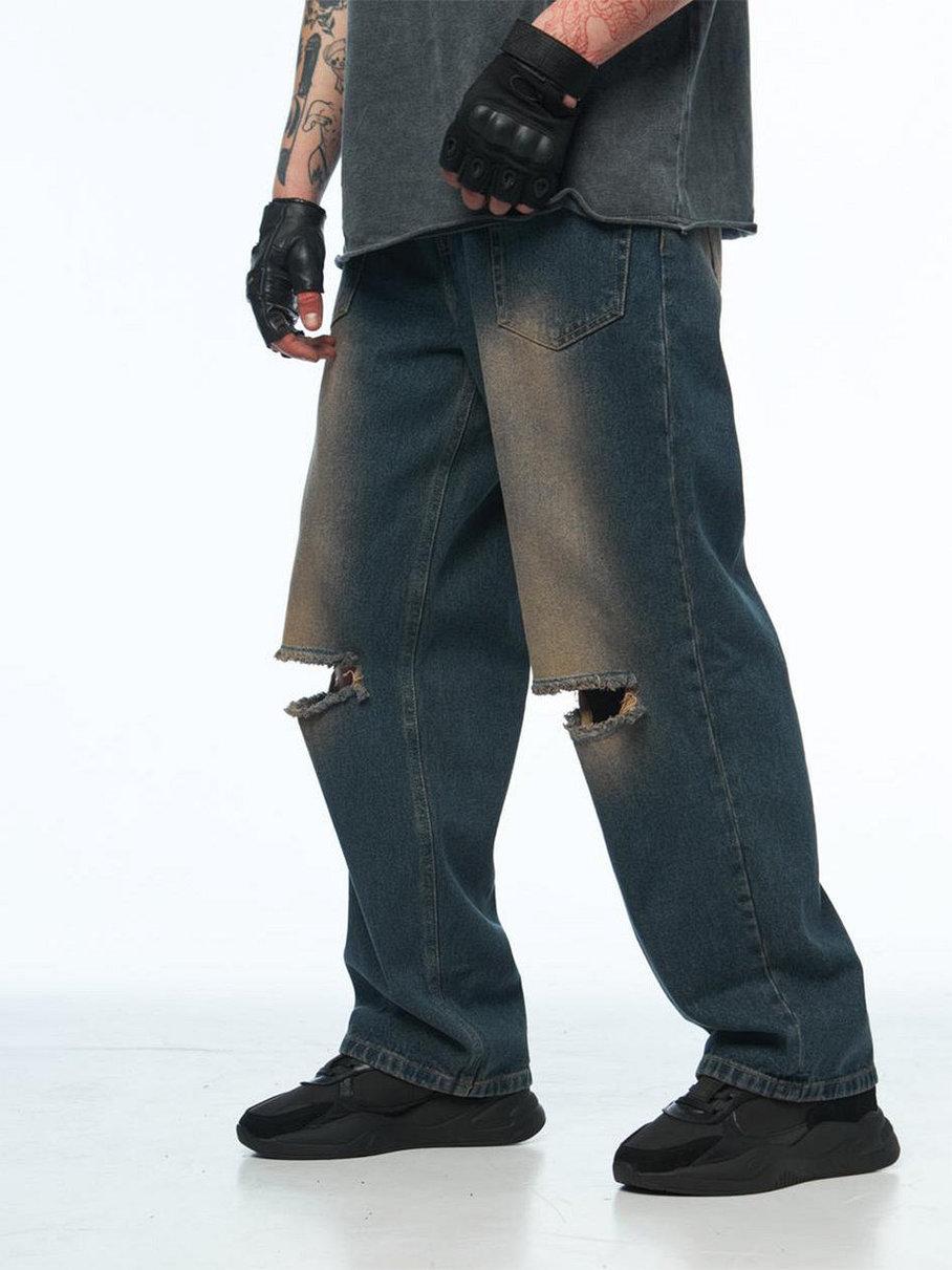 Чоловічі джинси баггі сині з подертостями, Широкі рвані джинси унісекс з ефектом потертості, фото 1