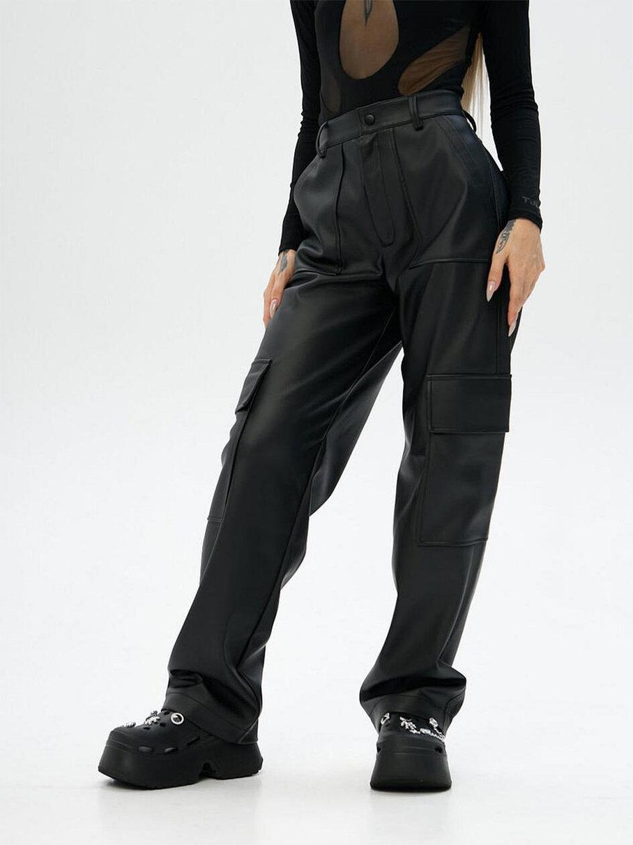 Жіночі штани карго Скін чорні з еко-шкіри широкі з низькою посадкою, фото 1