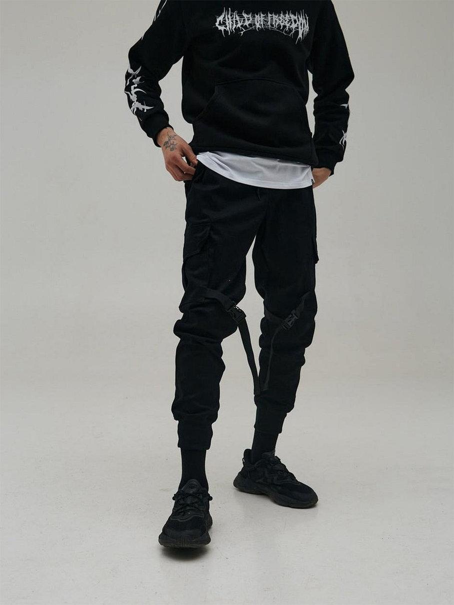 Чоловічі штани карго Йосіміцу чорні з лямками на манжетах, фото 1