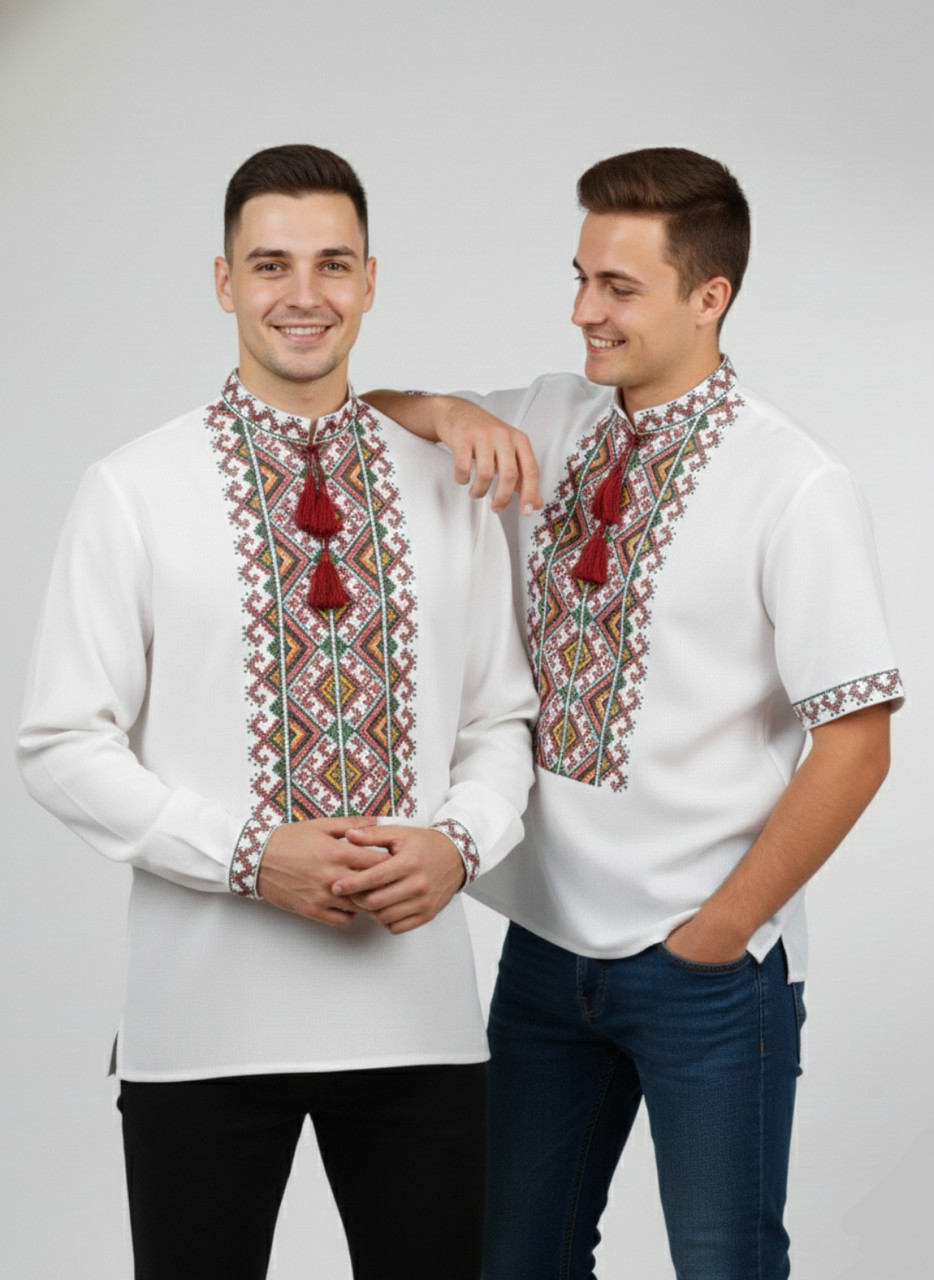 Стильна чоловіча вишиванка на довгий рукав із блакитною вишивкою