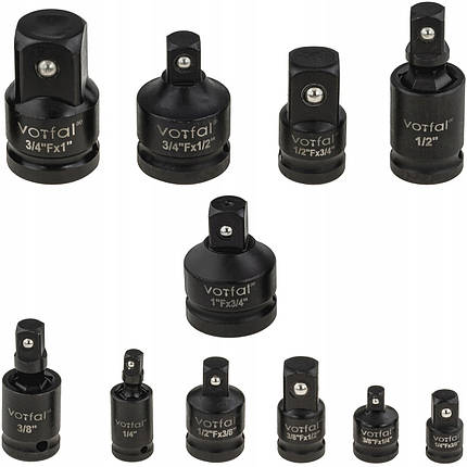 Комплект адаптерів та карданів ударних 1/2 3/8 1/4 3/4 1' сталь CR-MO (11 елементів) VF08042, фото 2