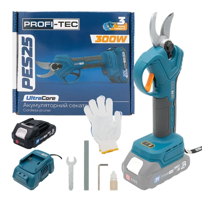 Потужний акумуляторний секатор PROFI-TEC PES25 UltraCore : з АКБ 20V 2.0Ah (007644)