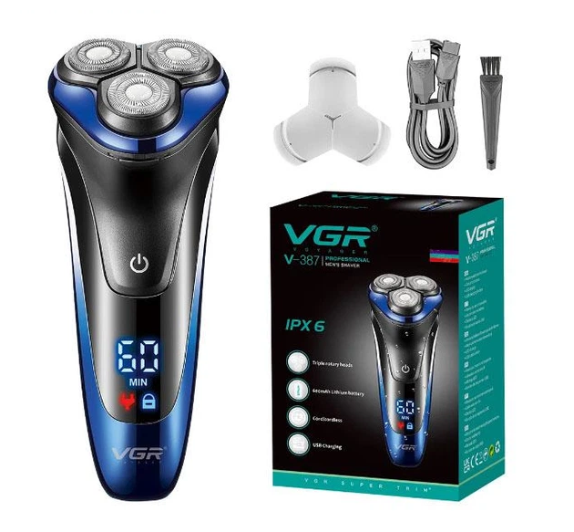 Електробритва VGR V-387 для вологого та сухого гоління з трьома плавальними головками з відкидним тримером IPX6 Чорний із синім, фото 1
