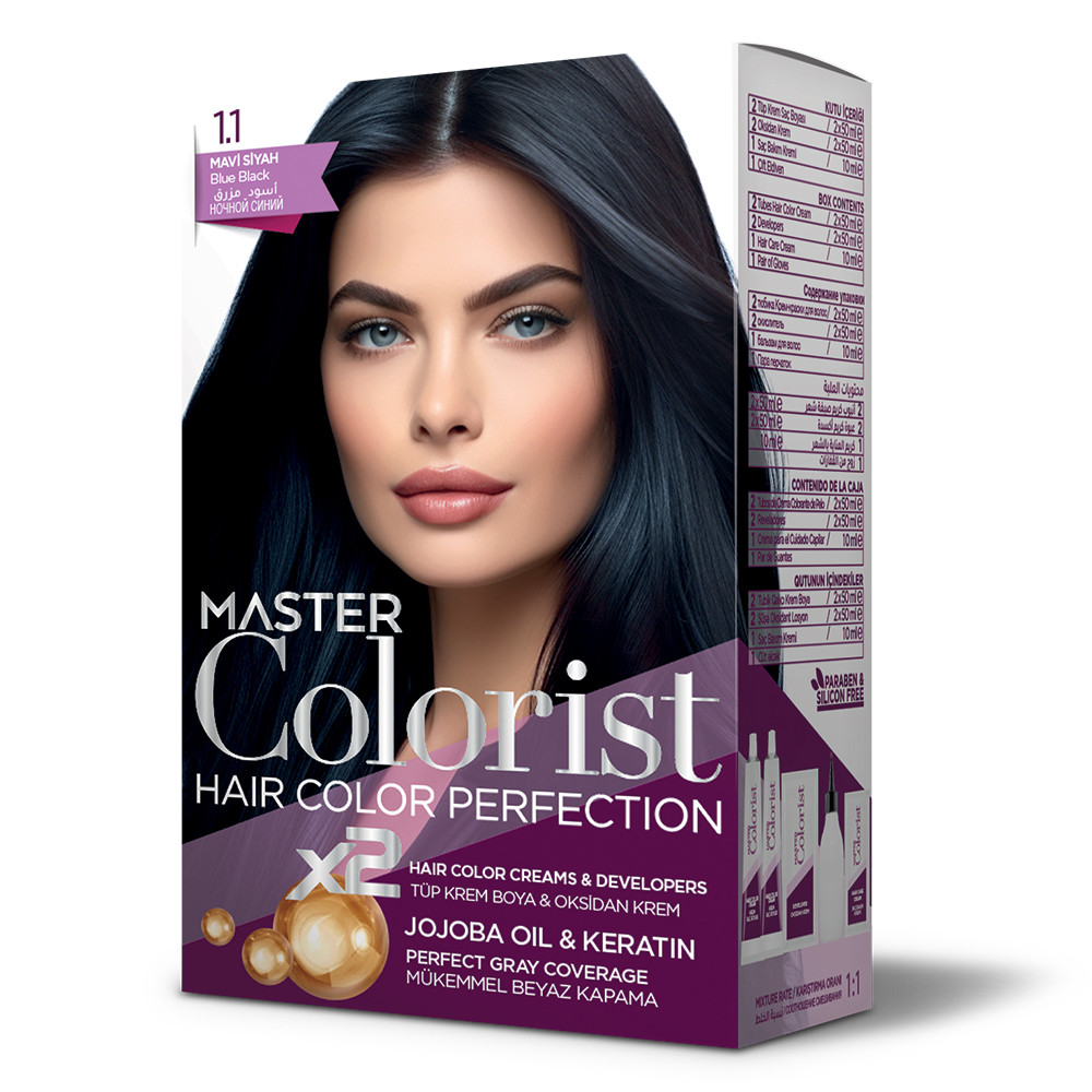 Фарба для волосся Master Colorist 1.1 Синьо-чорний, 2x50 мл+2x50 мл+10 мл, фото 1