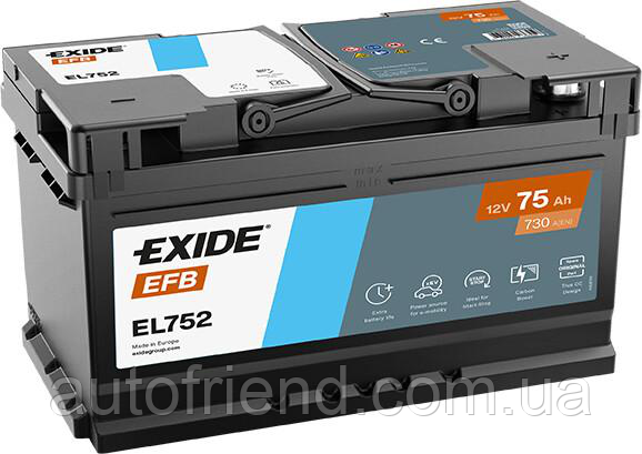 Акумулятор EXIDE START-STOP EFB 75Ah Н Єв (-/+) (730EN) (д315*ш175*в175) EL752, фото 1