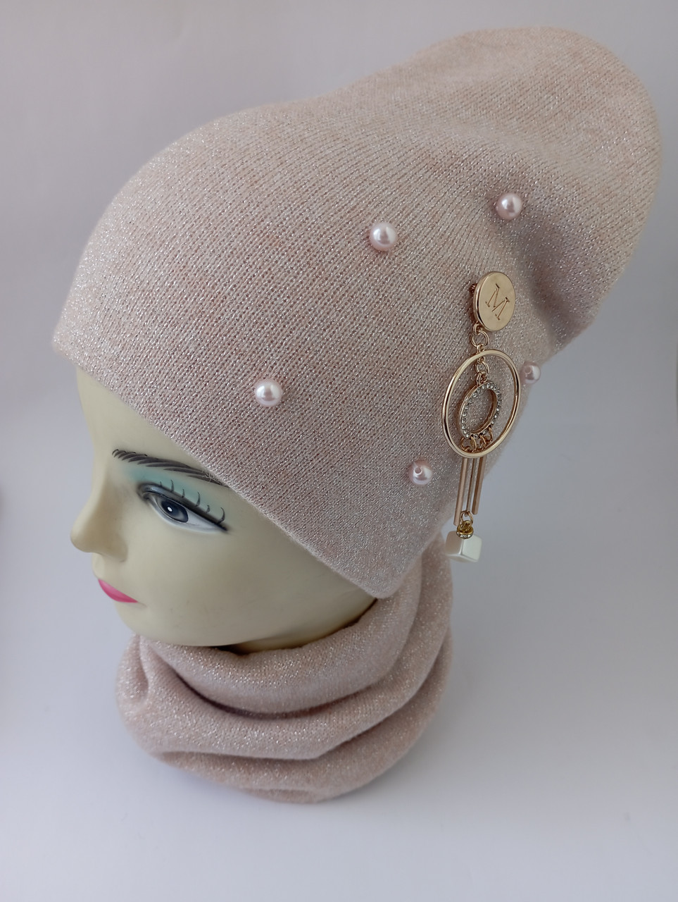 Шапка на підкладці в комплекті зі снудом персик для дівчинки 52-54 ОГ, фото 1