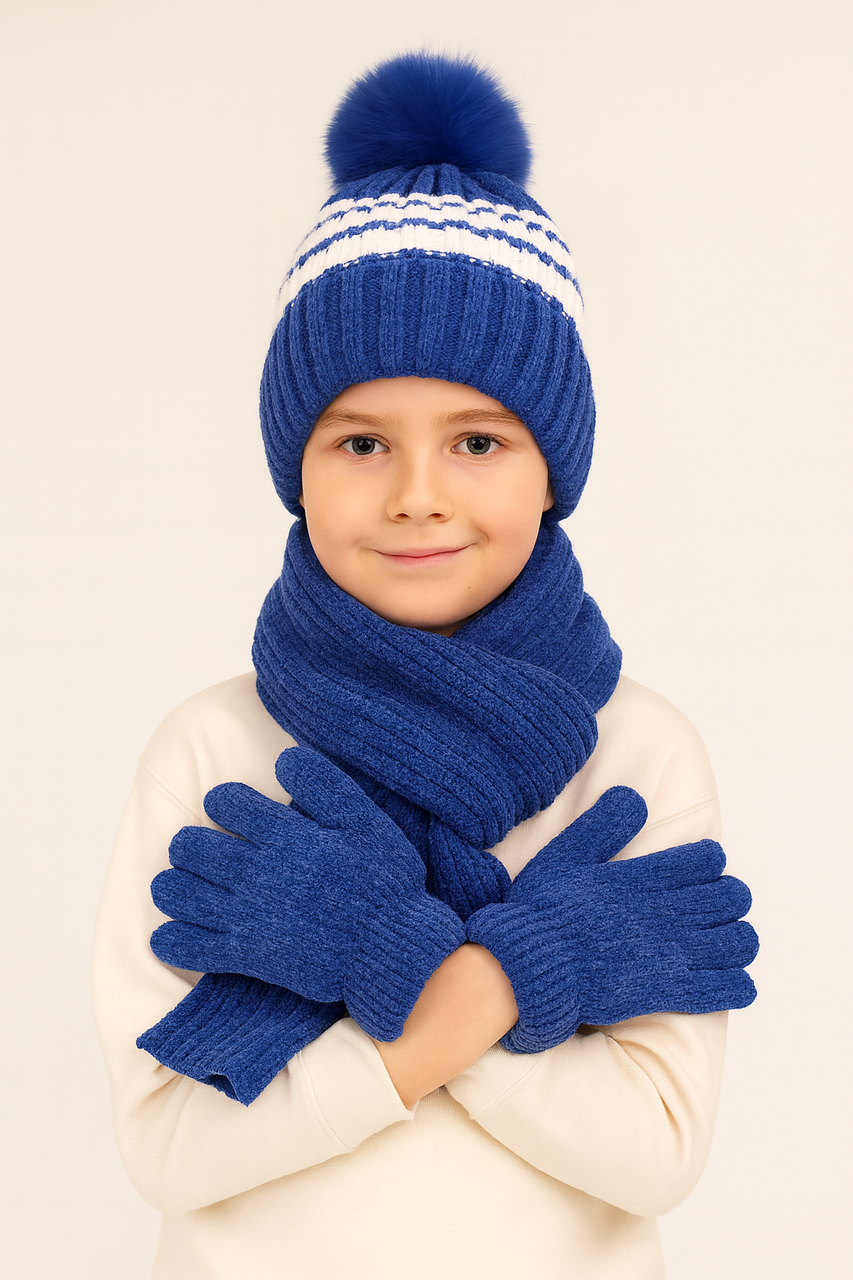 Дитячий комплект: шапка + шарф + рукавиці, синій (38982-2), фото 1