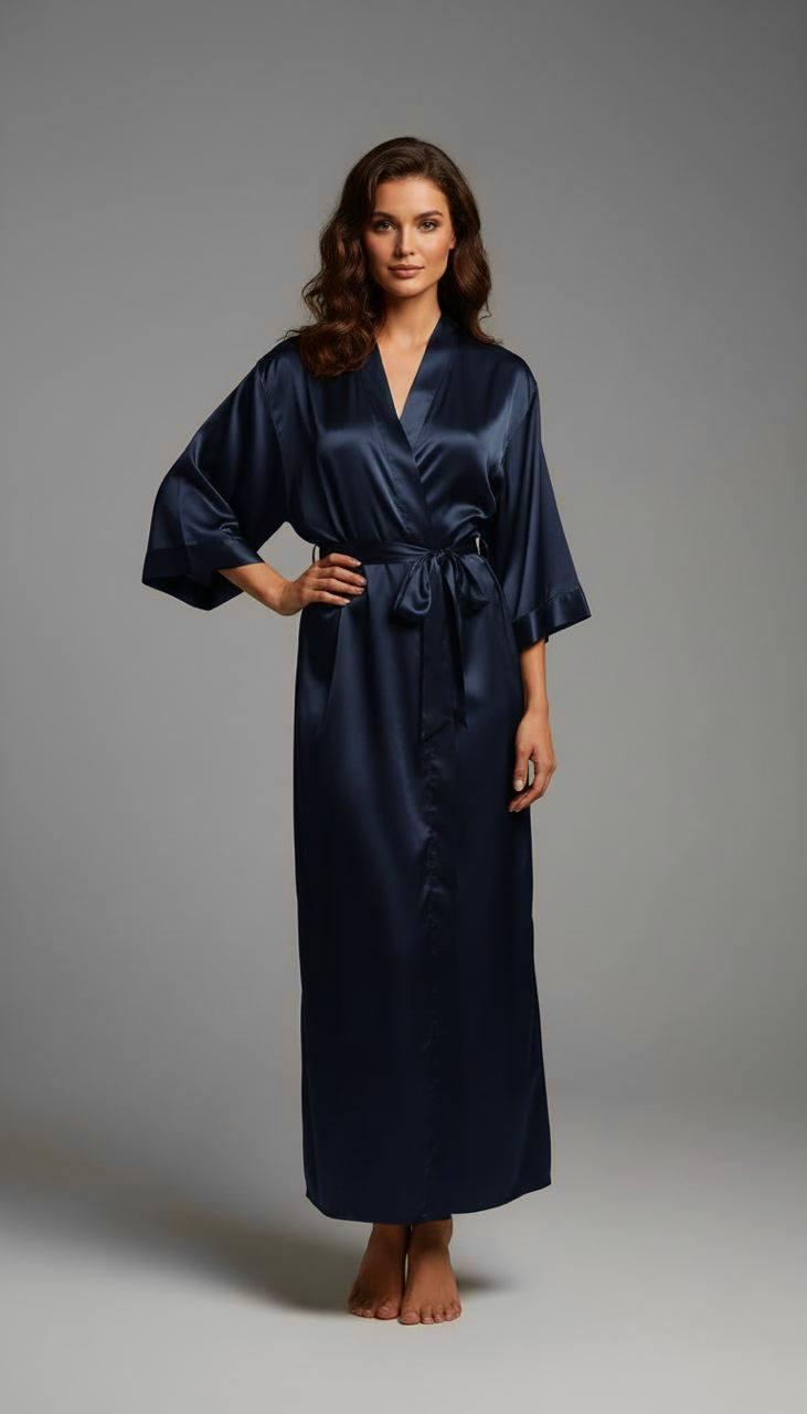Довгий шовковий халат темно синього кольору