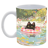 Кружка 330 мл з котиком у басейні аніме чашка з чорним котом, кольорова сублімаційна кружка для чаю та кави