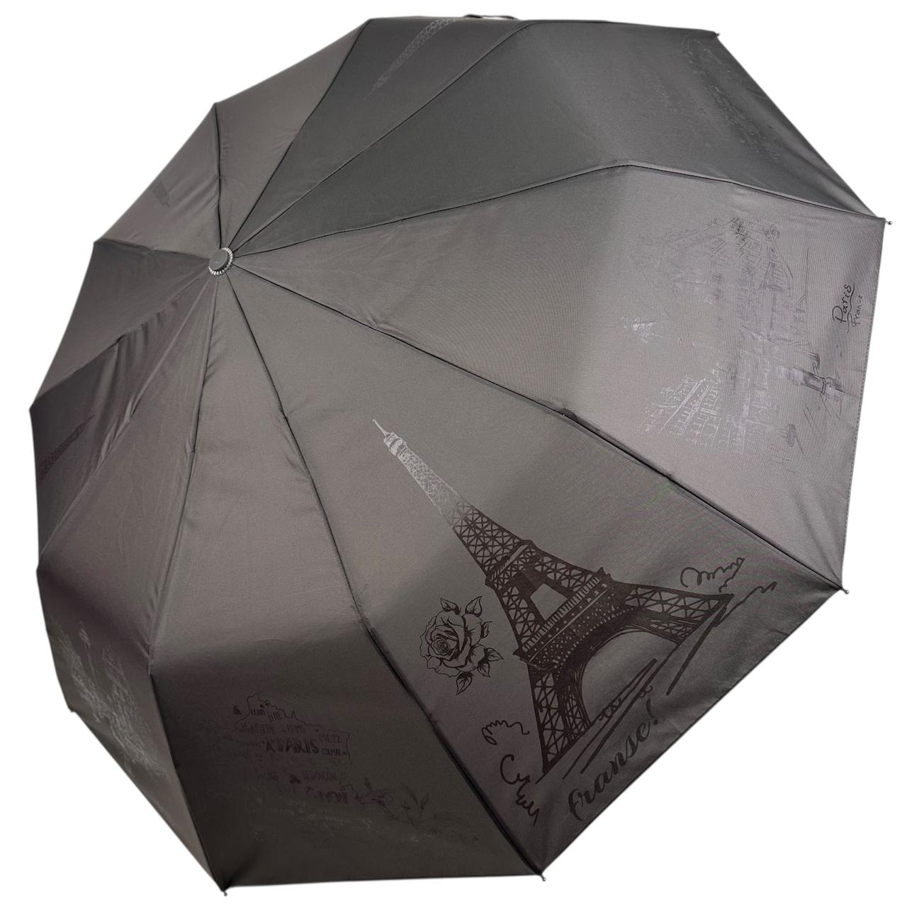 Жіноча парасоля напівавтомат Bellissimo на 10 спиць з тисненим принтом Парижа, сірий, М 0661-1