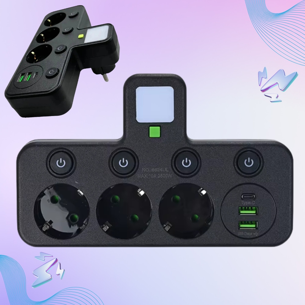 Розетка трійник з вимикачем та ліхтариком Мережний фільтр розгалужувач трійник 3 євророзетки 2-USB 1-Type-C Розгалужувач у розетку, фото 1