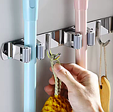 Потрійний тримач з гачками на стіну для утримування швабр і щіток, органайзер настінний для інвентарю нержавіюча сталь, фото 3