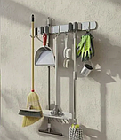 Потрійний тримач з гачками на стіну для утримування швабр і щіток, органайзер настінний для інвентарю нержавіюча сталь, фото 4