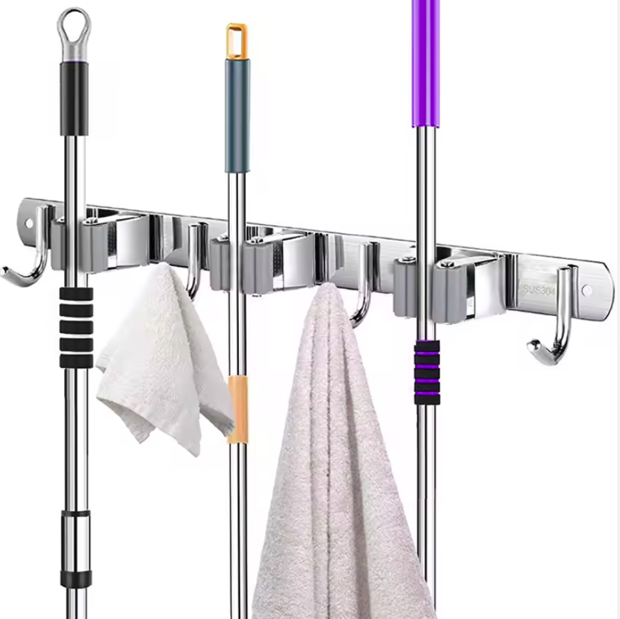 Потрійний тримач з гачками на стіну для утримування швабр і щіток, органайзер настінний для інвентарю нержавіюча сталь, фото 1