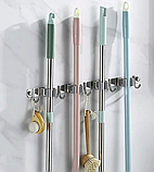 Потрійний тримач з гачками на стіну для утримування швабр і щіток, органайзер настінний для інвентарю нержавіюча сталь, фото 7