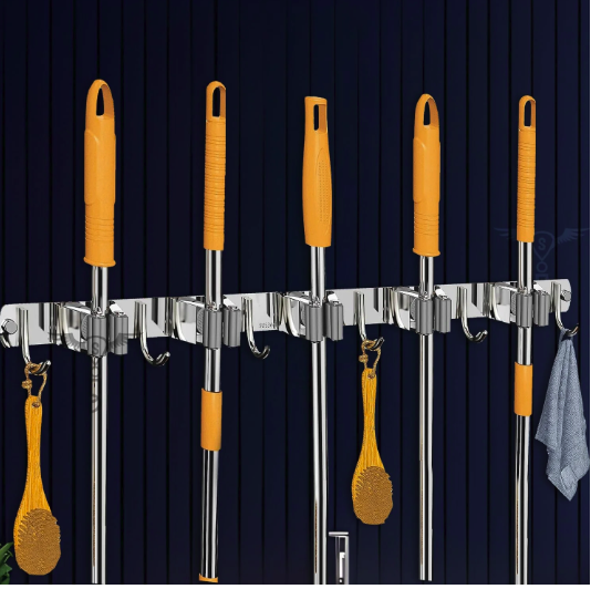 Тримач для садового інвентаря з затискачами 5 шт та гачкоми 6 шт тримач на стіну для швабр і щіток, нержавіюча сталь, фото 1