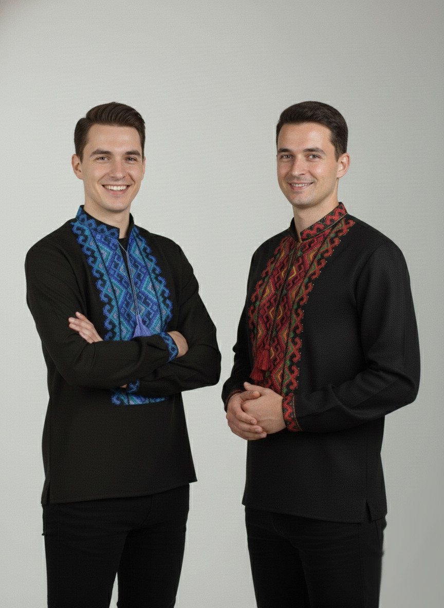 Чорна чоловіча вишиванка на довгий рукав із домотканого полотна