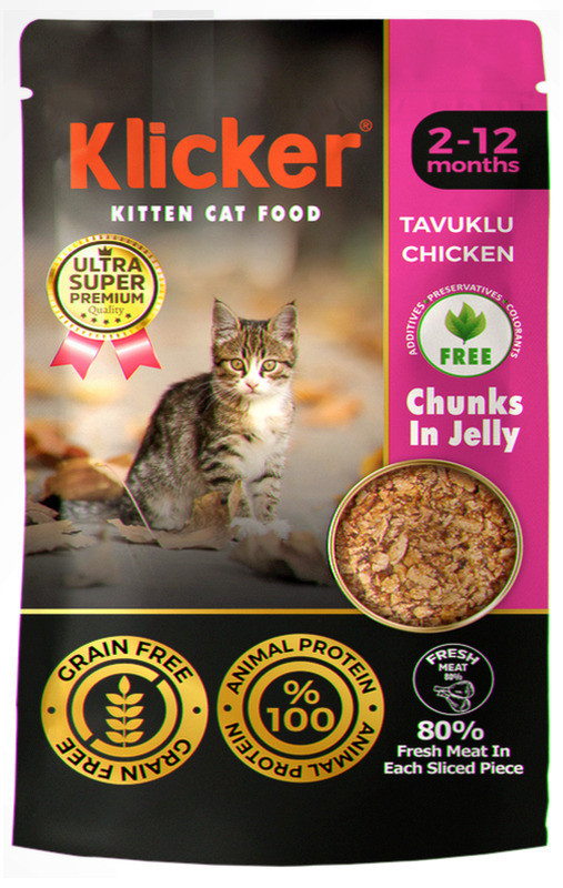 Вологий корм Klicker для кошенят шматочки КУРКИ в желе ПАУЧ 85г., Оригінал, фото 1