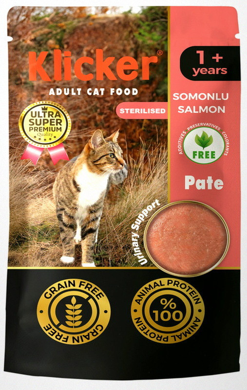 Вологий корм Klicker паштет для котів стерилізованих з ЛОСОСЕМ ПАУЧ 85г., Оригінал, фото 1