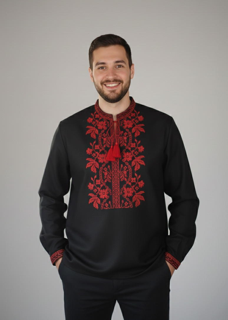 Вишиванка для чоловіка чорного кольору з орнаментом Борщівський великих розмірах