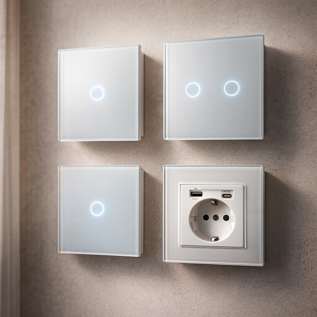 Сенсорні вимикачі світла Palermo білі Одинарні 2 шт і Подвійний+ Розетка NYWP з USB і Type C зі скляною панеллю